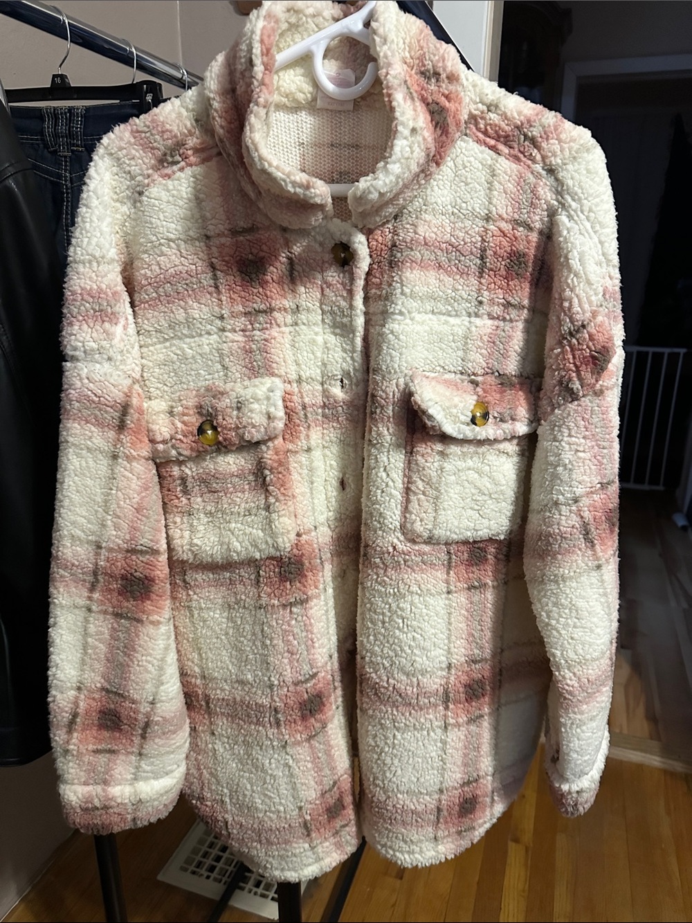No Boundaries Cream and Pink Plaid Sherpa Button-Up Jacket